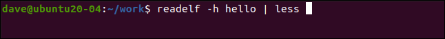 readelf -h hello in a terminal window.