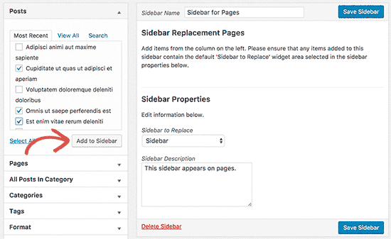 Add posts or pages to your custom sidebar Add posts or pages to your custom sidebar