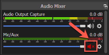 Press the mute/speaker icon to mute your microphone in OBS