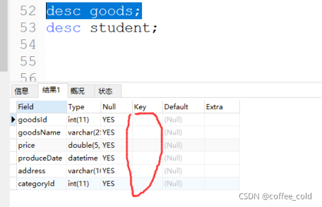 使用 "desc 表明" 查看表结构信息