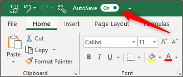 The AutoSave feature in the "On" position in Excel.