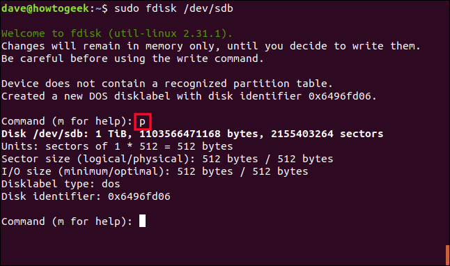 sudo fdisk /dev/sdb in a terminal window