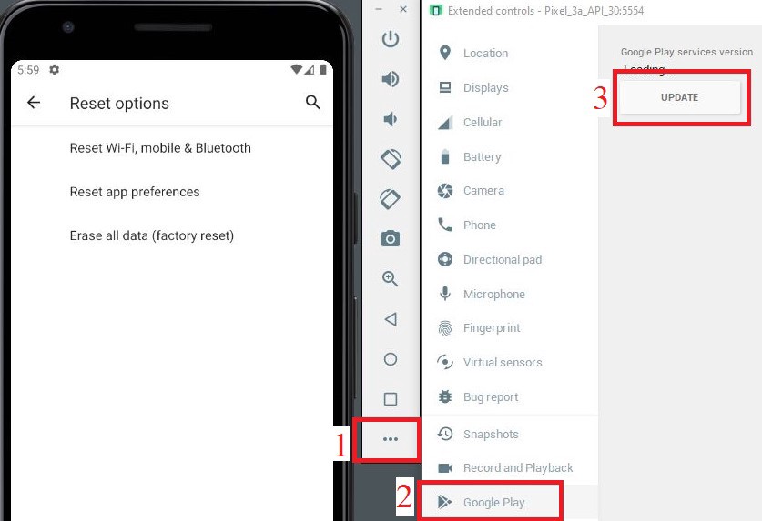 The extended menu for updating Google Play on an emulator