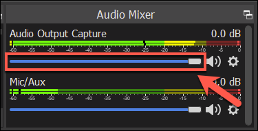 The volume bar for an OBS audio capture source