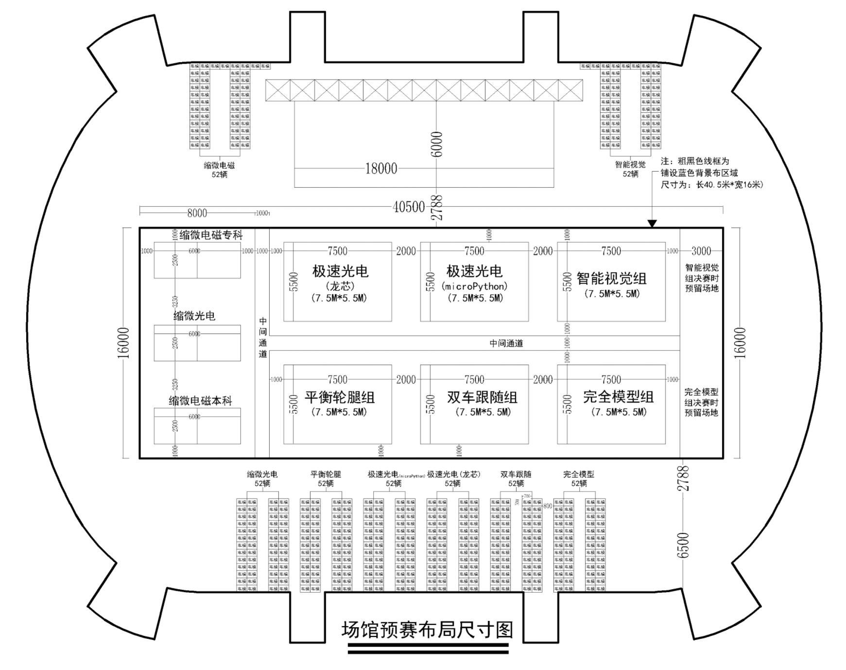 ▲ 图1.2.2 场馆预赛赛道布局尺寸图