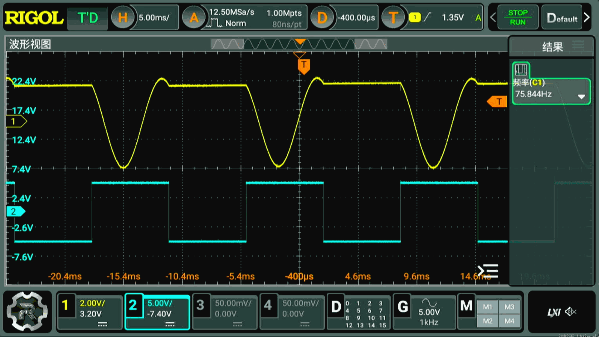 ▲ 图1.4.5  模拟开关频率为 76Hz，占空比50% 对应的震荡波形