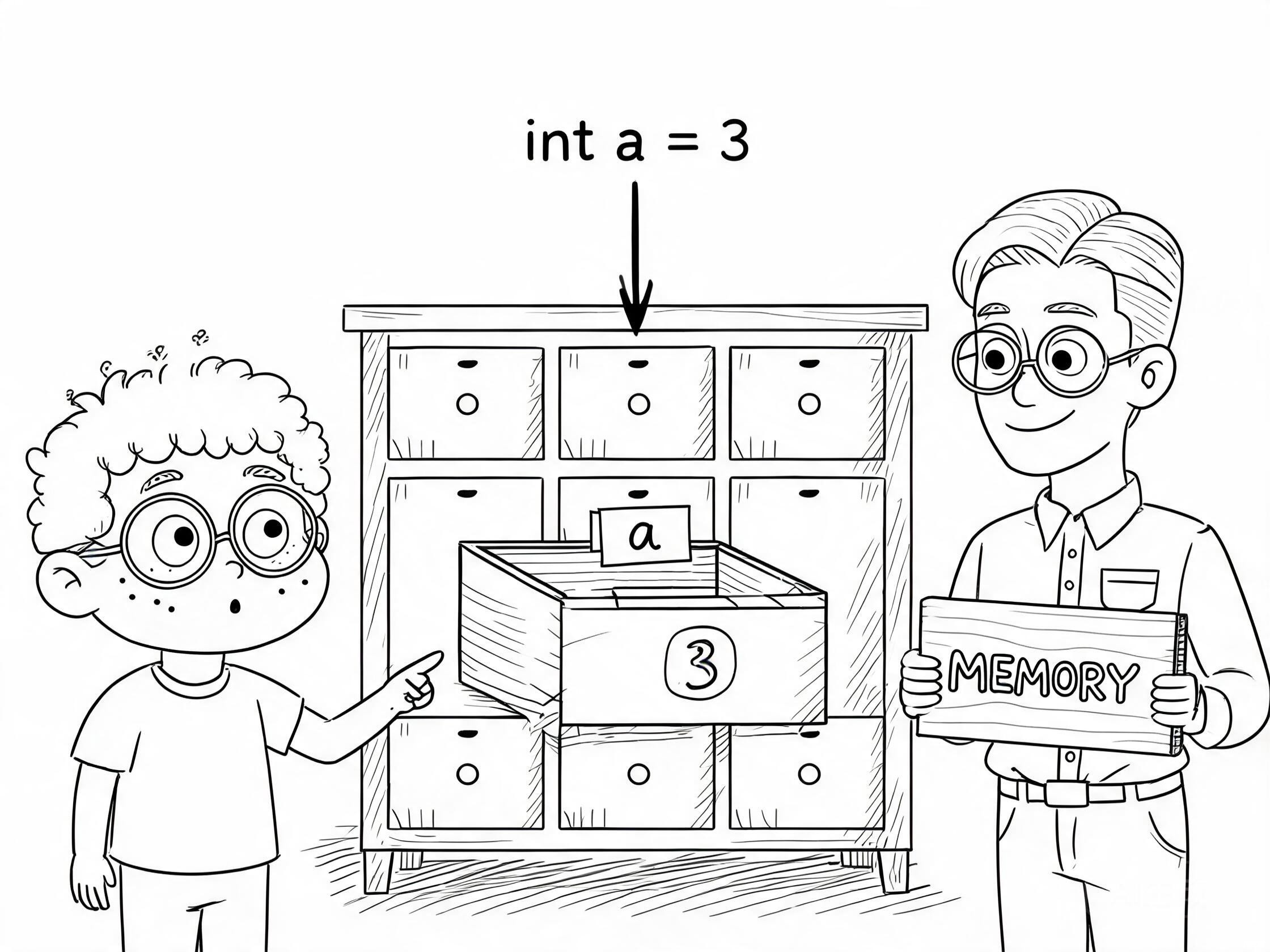 *图1：变量就像贴了标签的抽屉，内存就是那整排柜子*