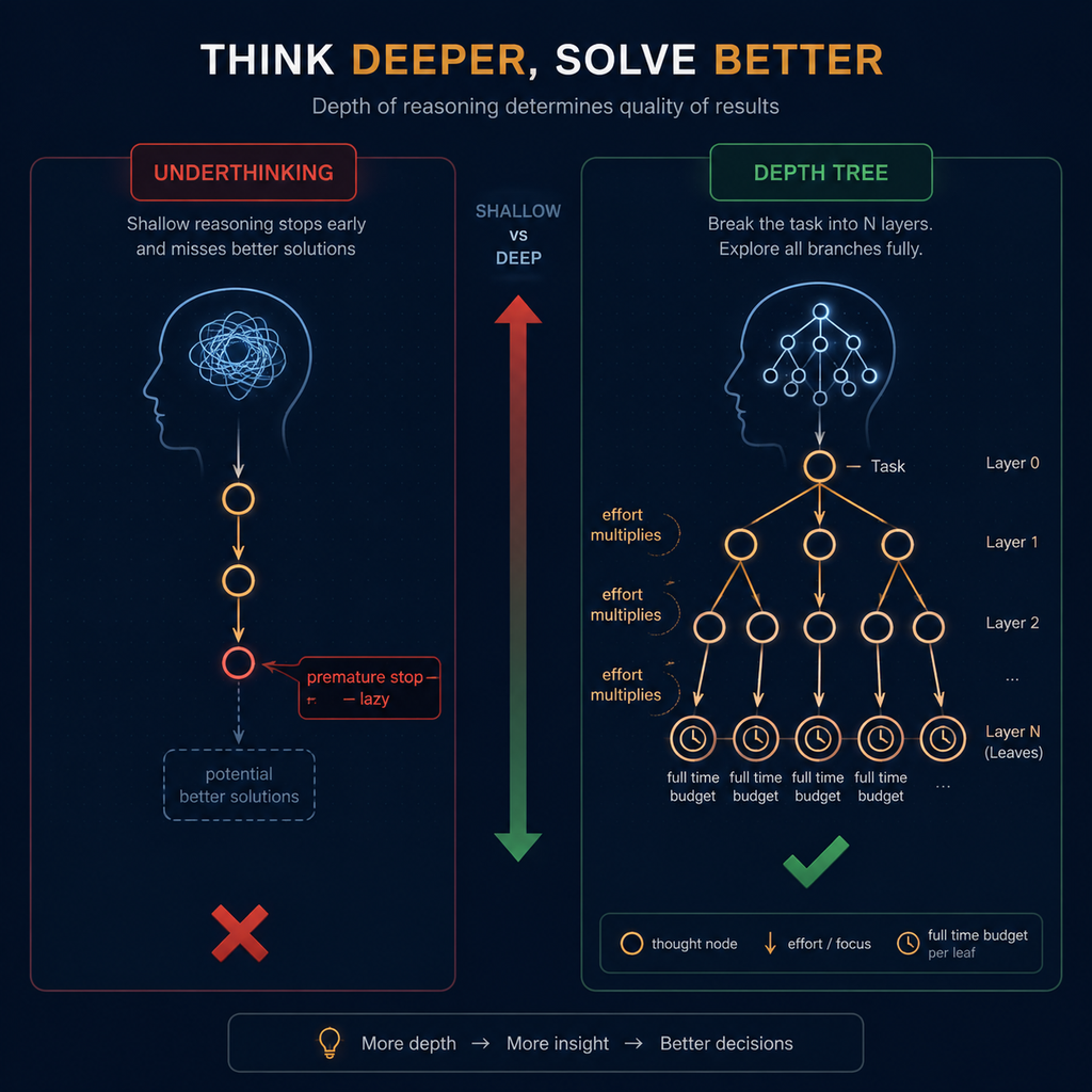 欠思考与 Depth Tree:左边是提前收工的浅推理路径,右边是把任务拆成 N 层、给每片叶子完整时间预算的分解方法
