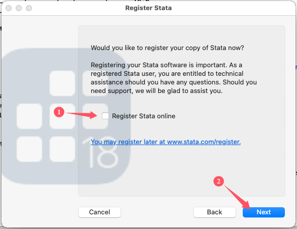取消勾选“Register Stata online”，然后点击“Next”