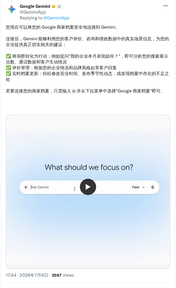 Gemini 支持接入 Google 商家资料提供经营建议