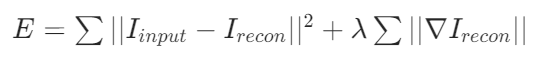 [E = \sum||I_{input} - I_{recon}||^2 + \lambda\sum||\nabla I_{recon}||]