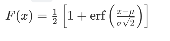[ F(x) = \frac{1}{2} \left[ 1 + \text{erf}\left( \frac{x - \mu}{\sigma \sqrt{2}} \right) \right] ]