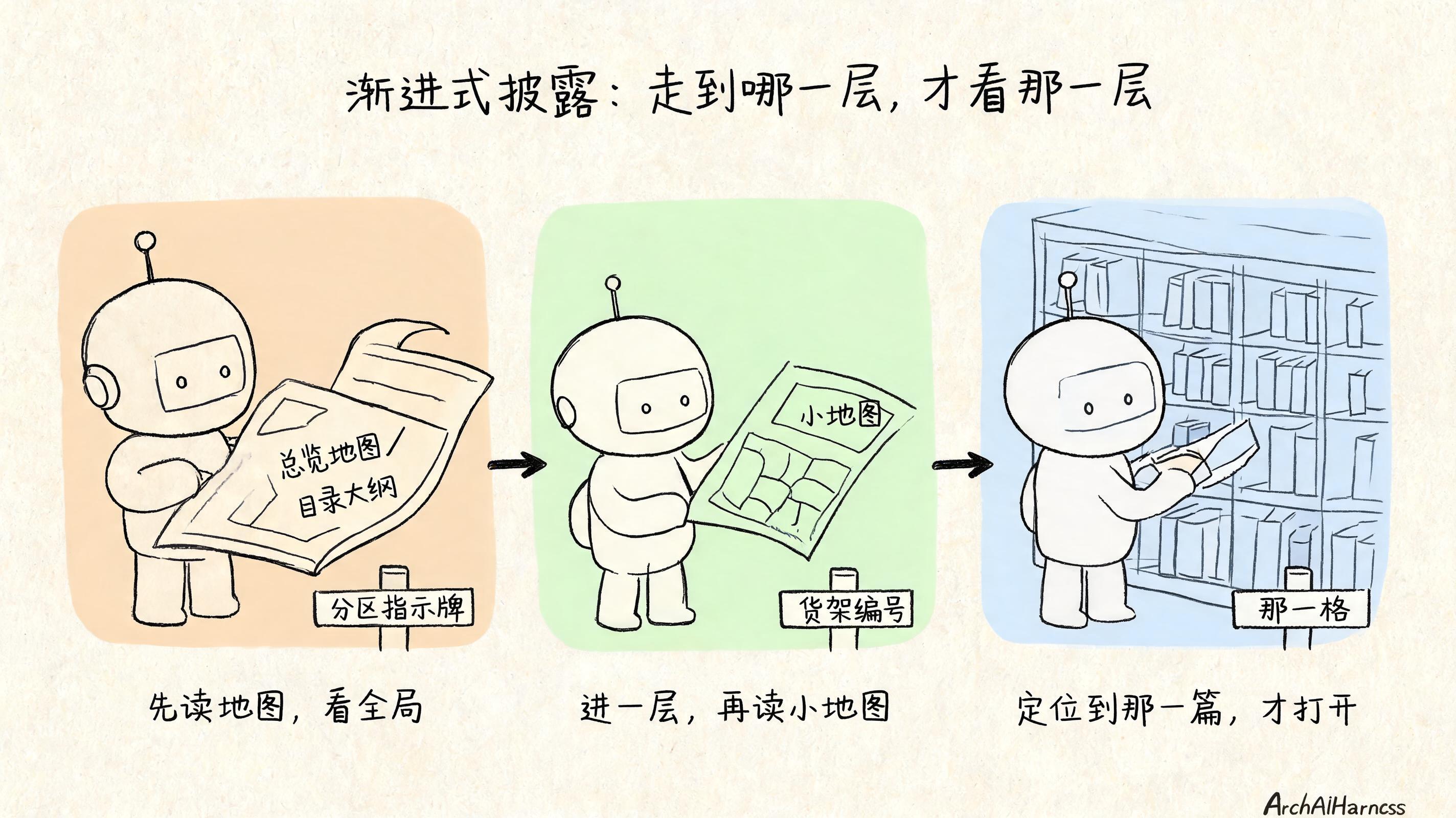 渐进式披露：先读总览地图，再进一层读小地图，定位到那一篇才打开