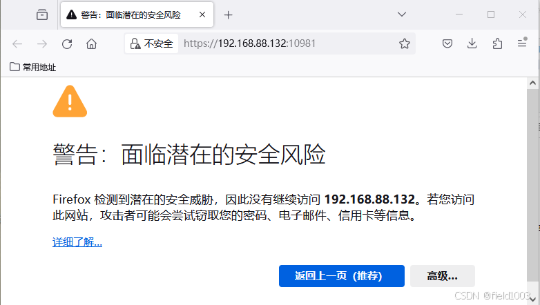 如果出现“警告：面临潜在的安全风险”，点击高级，接收风险