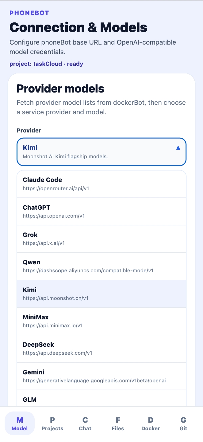 PhoneCoder settings, projects, chat, files, and preview screens