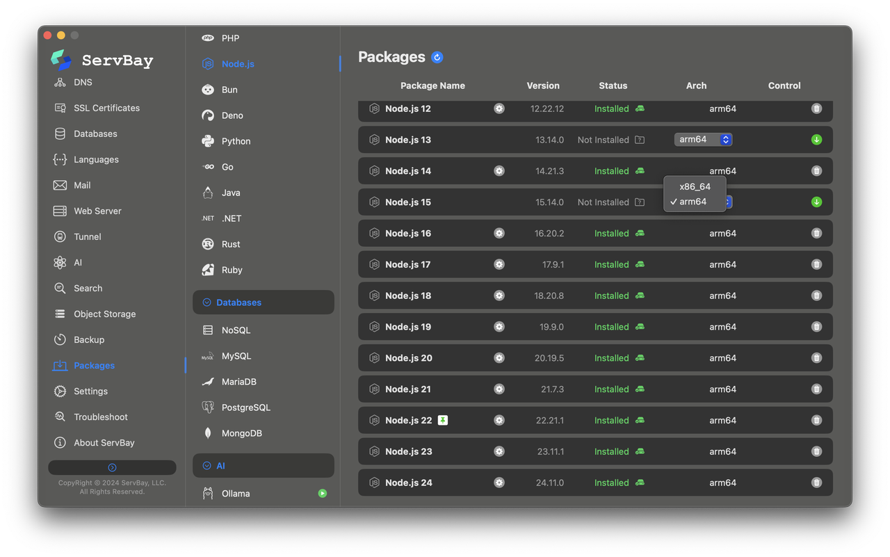 ServBay 一键安装 Node.js 环境