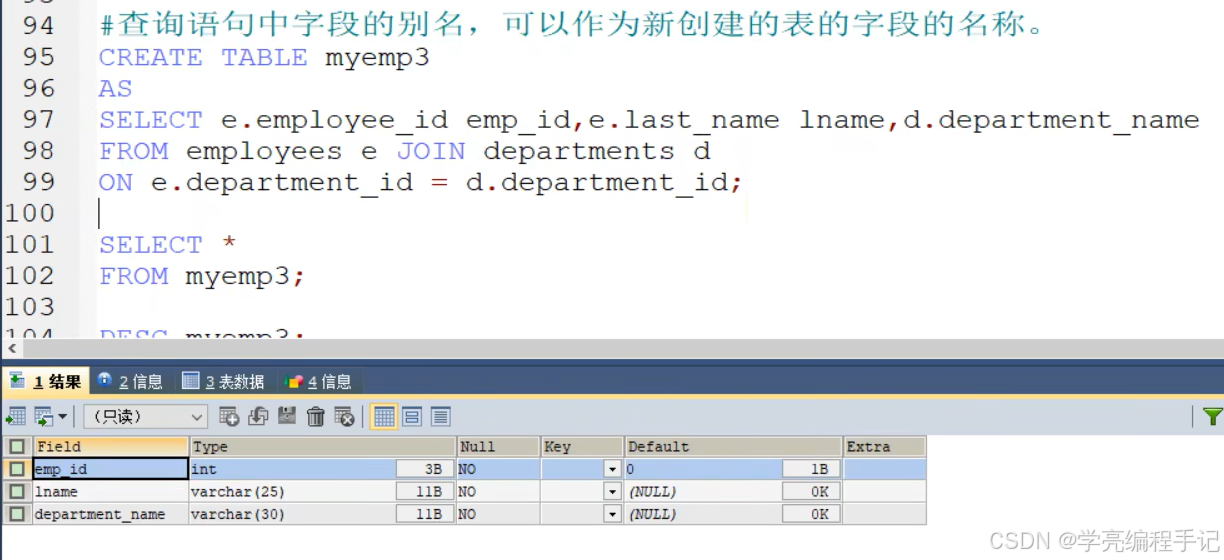 MySQL建表create table as select用法：查询语句中字段的别名，可作为新创建表的字段名称_mysql create ...