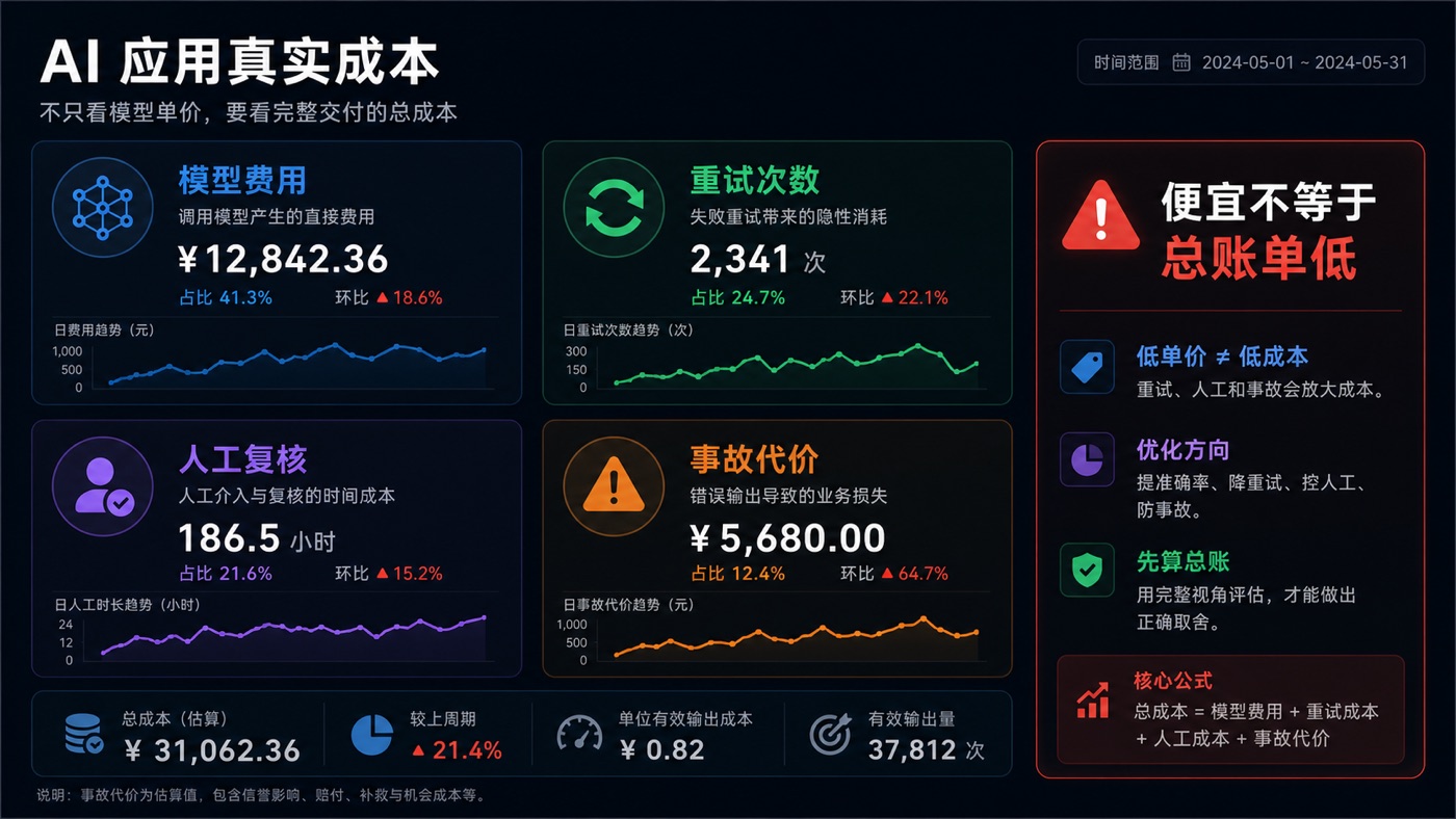 这张图把一笔 AI 成本拆成模型费用、重试、人工复核和事故代价,提醒团队别只盯 token 单价。