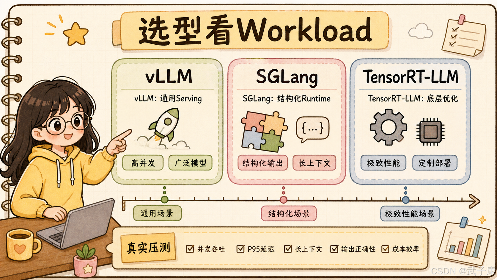 选型看 Workload：vLLM 通用 serving / SGLang 结构化 runtime / TensorRT-LLM 底层优化，按真实压测决策