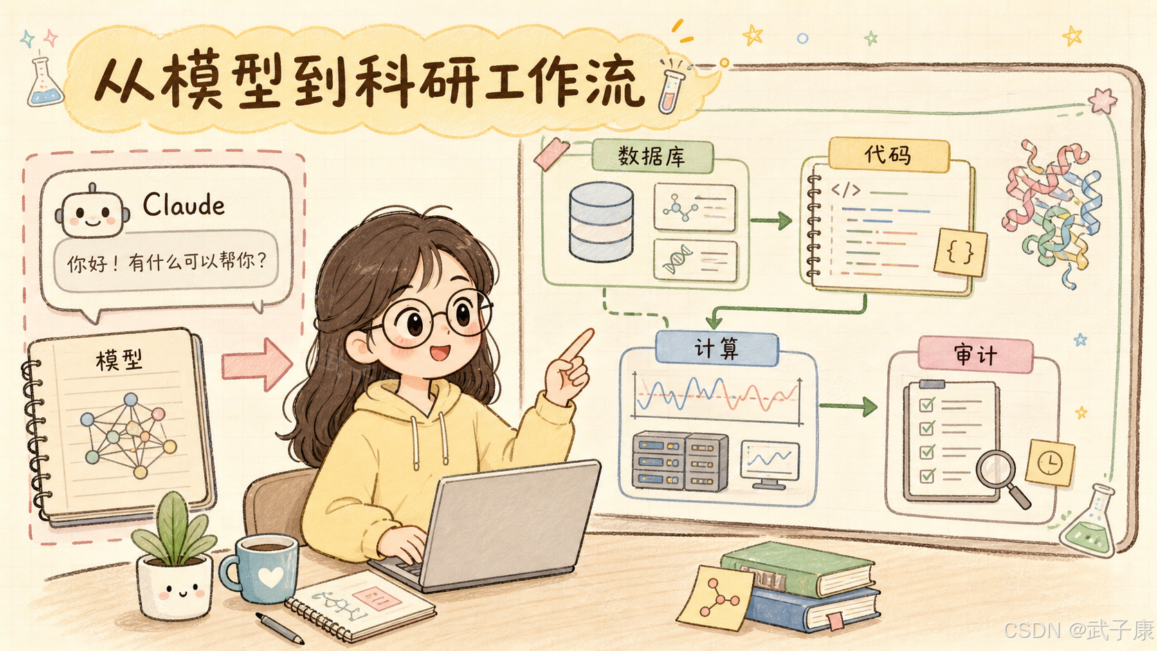 手绘示意图：黄色云朵标题「从模型到科研工作流」+ 左侧 Claude 聊天窗口 + 红色箭头指向「模型」（神经网络笔记本）+ 绿色箭头串联数据库 / 代码 / 计算 / 审计四步，最终产出蛋白质分子结构