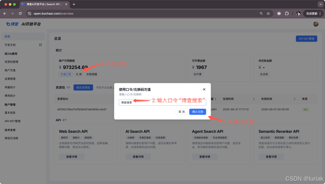 输入口令兑换1000次Web Search API资源包