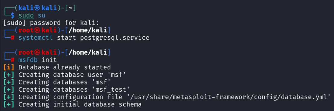 【配图：启动 postgresql、msfdb init 截图】