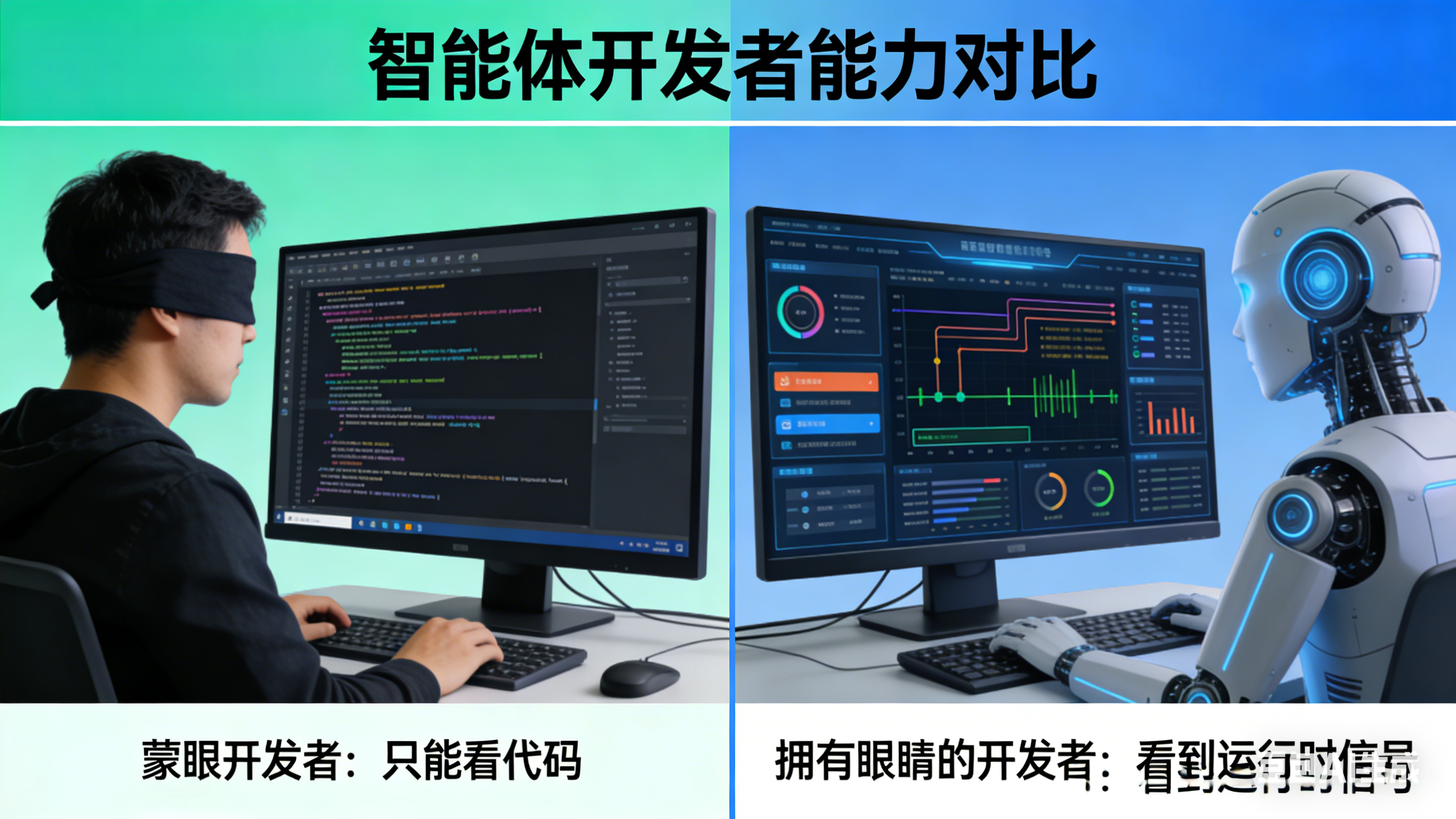 [图1：蒙眼开发者 vs 拥有眼睛的开发者对比图 - 左侧智能体只能看代码，右侧智能体可以看到运行时的各种信号]