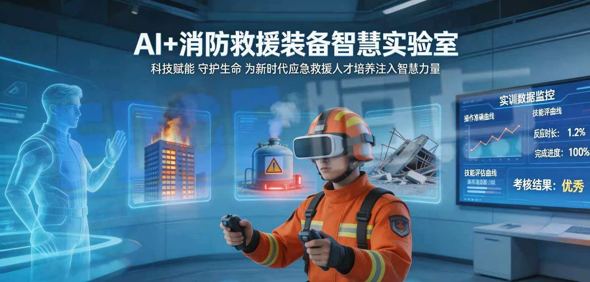 AI+消防救援装备智慧实训室场景,画面中佩戴XR设备的消防员_