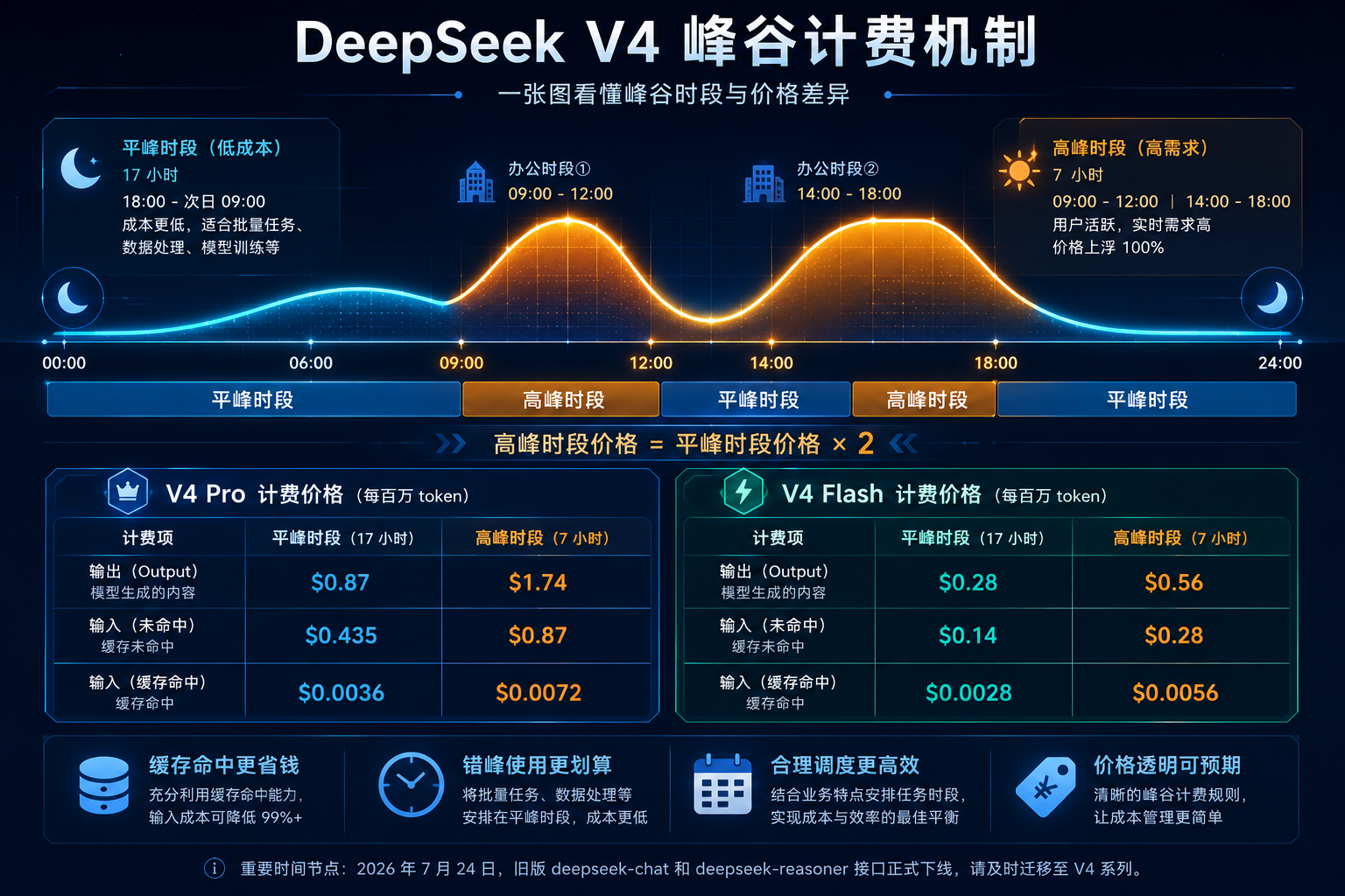 DeepSeek V4 峰谷计费机制 — 一张图看懂峰谷时段与价格差异