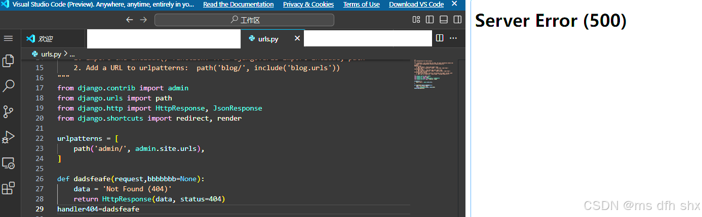 django定义handler404(左)，报错Server Error (500) (右)