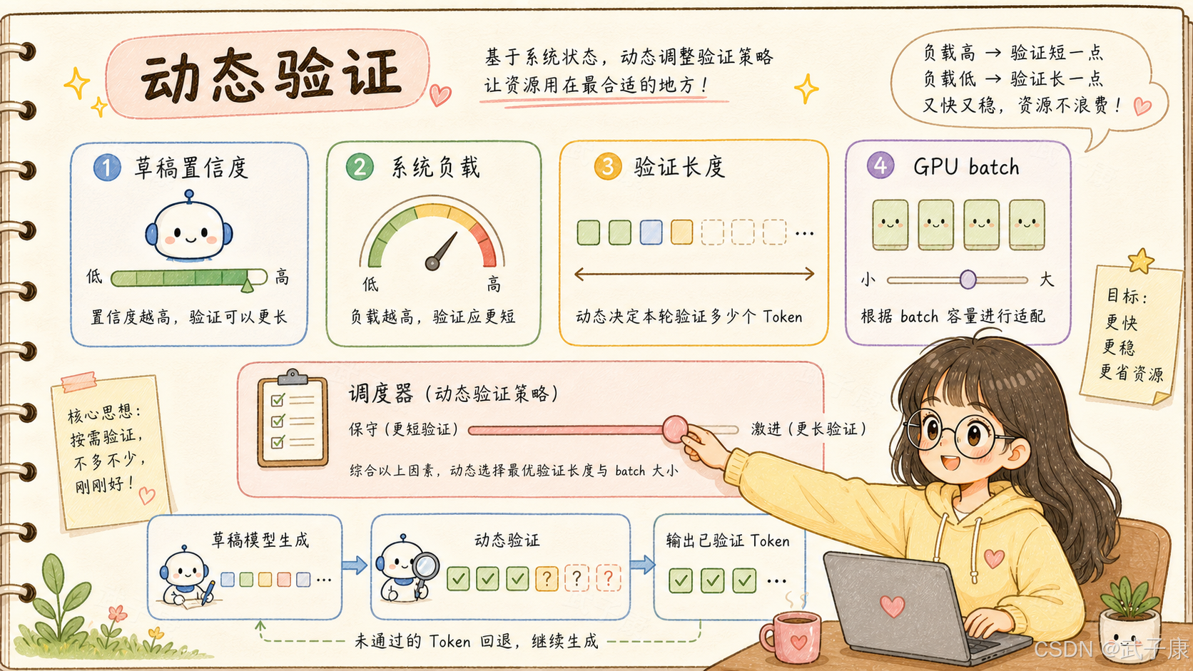 「动态验证」示意：四块面板——① 草稿置信度（机器人滑条，低/高，置信度高 → 可验证更长）、② 系统负载（仪表盘，高负载 → 验证应更短）、③ 验证长度（彩色 Token 箭头，动态决定本轮验证多少 Token）、④ GPU batch（四个 GPU 拟人，根据 batch 容量适配）；中央「动态验证策略」剪贴板，滑条 保守（更短验证）↔ 激进（更长验证），旁注「综合以上因素，动态选择最优验证长度与 batch 大小」；底部流程 草稿生成 → 动态验证 → 输出已验证 Token，未通过 Token 回退继续生成；左下便签「按需验证，不多不少，刚刚好」
