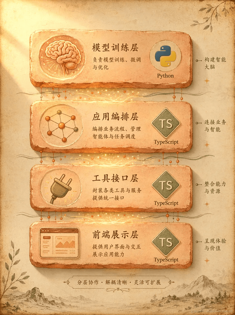 模型训练 vs 应用编排 vs 工具接口的语言分层