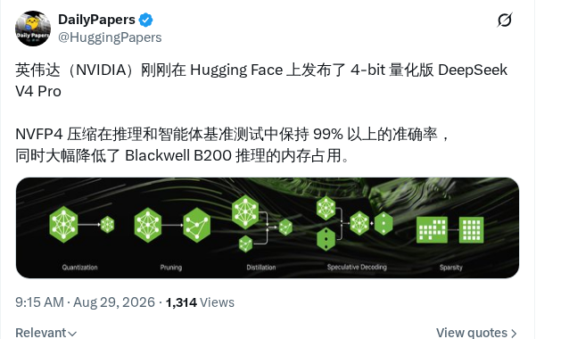 NVIDIA 发布 DeepSeek V4 Pro NVFP4 四比特量化版