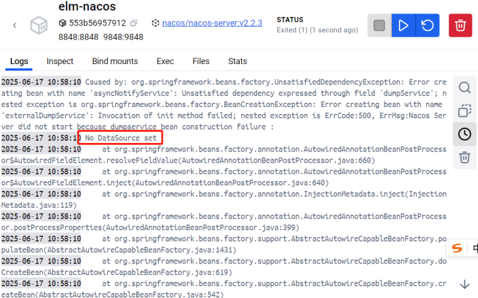 解决docker中Nacos外置mysql数据库时出现No DataSource set
