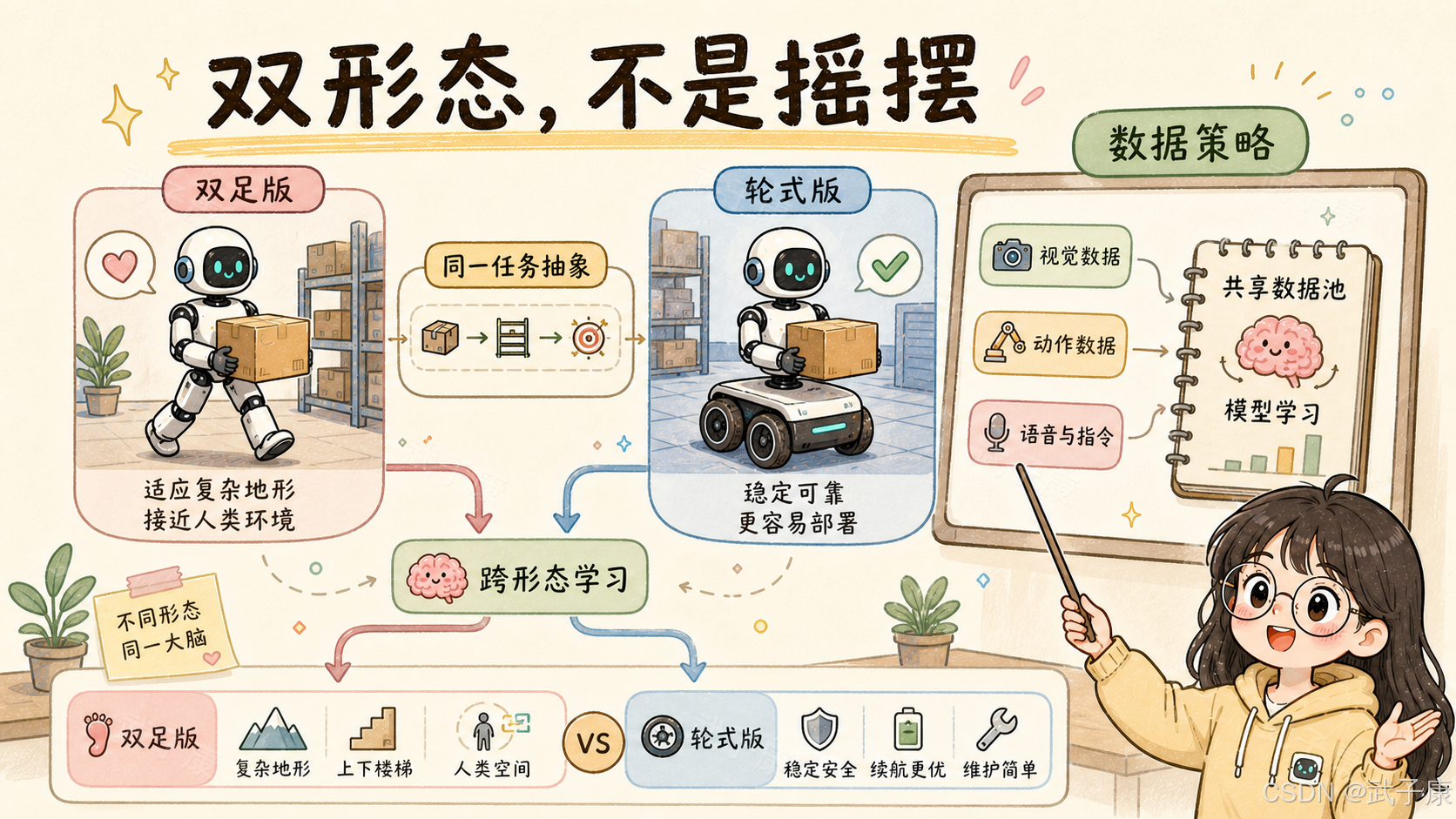 手绘信息图《双形态不是摇摆》:左侧并行两个机器人——双足版"适应复杂地形/接近人类环境"、轮式版"稳定可靠/更容易部署";中间粉红色脑图标写"同一任务抽象 · 跨形态学习 · 不同形态,同一大脑";右侧"数据策略"模块汇总三种数据流入共享数据池:视觉数据、动作数据、语音与指令;底部 VS 条对比双足 vs 轮式各自的优劣势