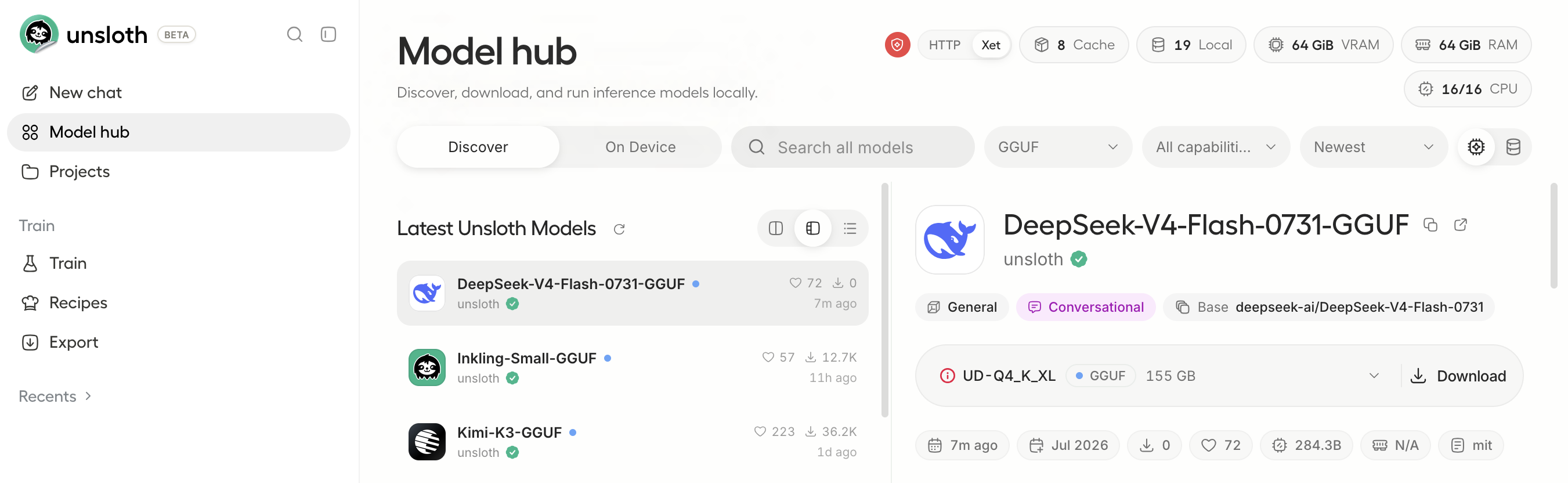 在 Unsloth Studio 里搜索并下载 DeepSeek-V4-Flash-0731-GGUF