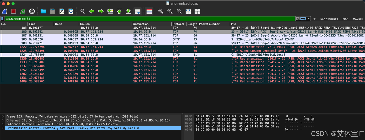 Wireshark 中的 WAN 端捕获。