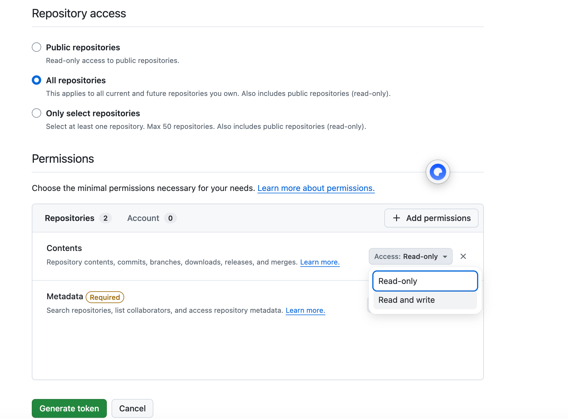 Git Access Token permission configuration example