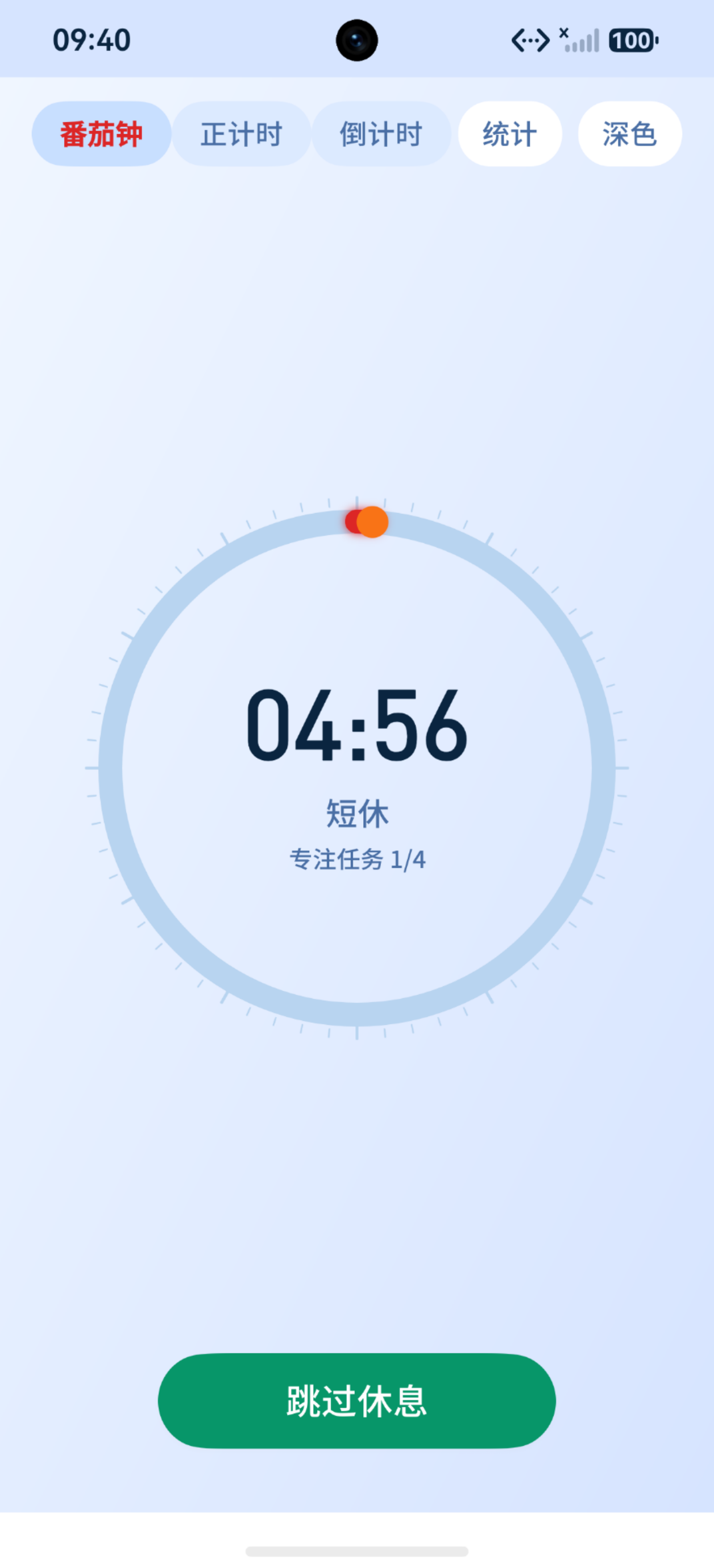 短休阶段:番茄钟短休倒计时(04:56 短休,专注任务 1/4,跳过休息按钮),深色模式