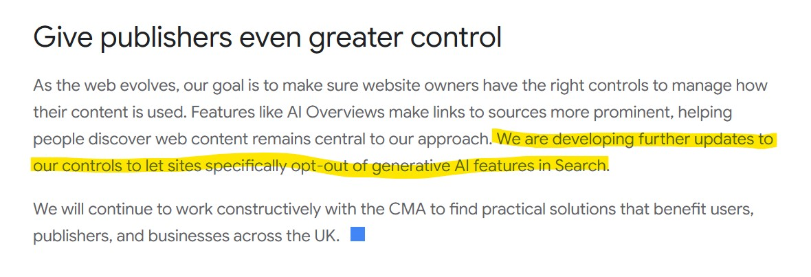 我们正在进一步完善相关设置，以便网站能够明确选择退出搜索中的生成式人工智能功能。