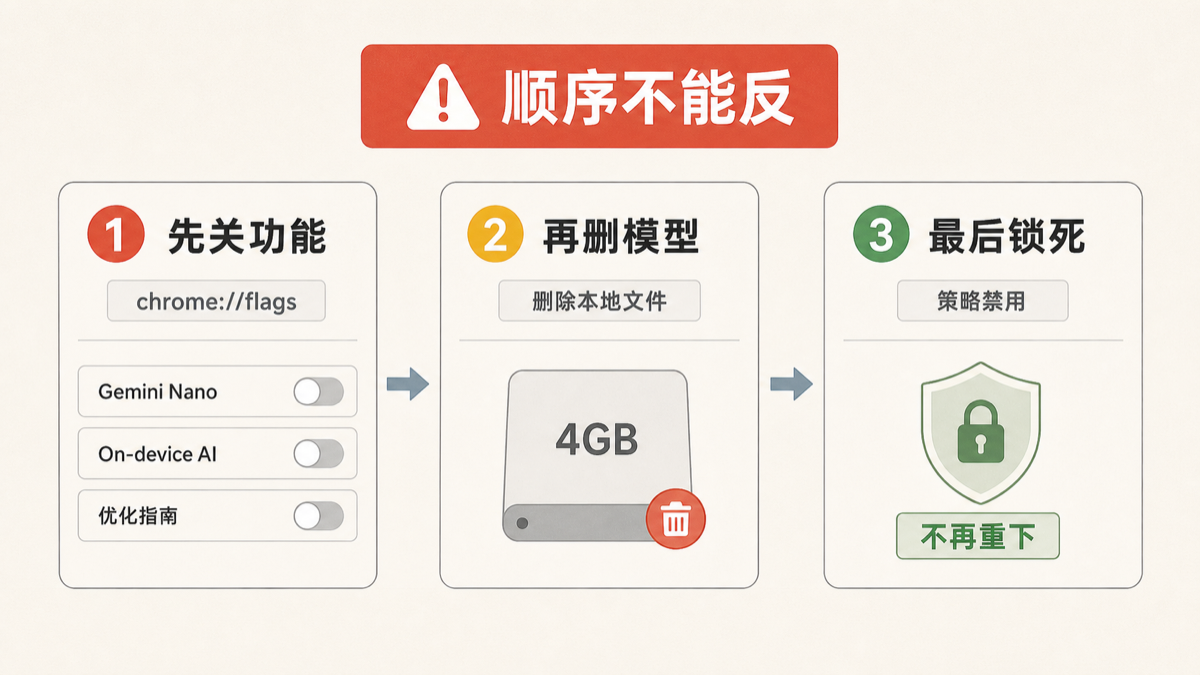 关闭 Chrome 本地 AI 模型的三步流程图