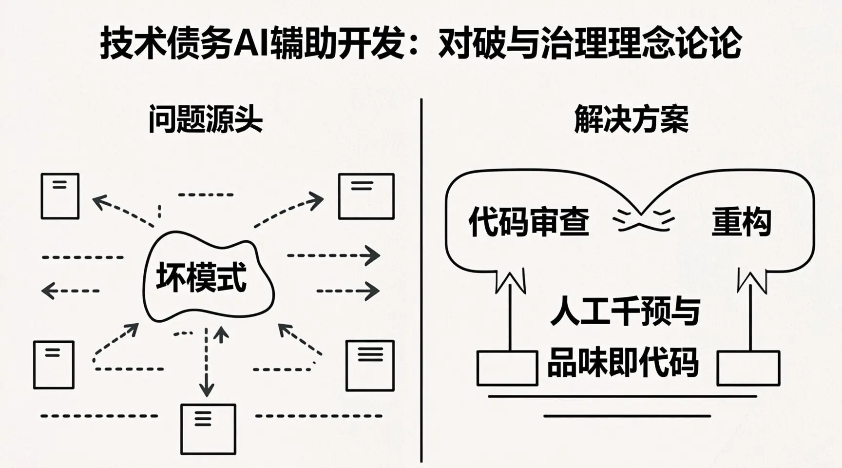 [图1：AI Slop扩散示意图 - 左侧一个坏模式被AI复制到多个模块，右侧清理流程阻止扩散]