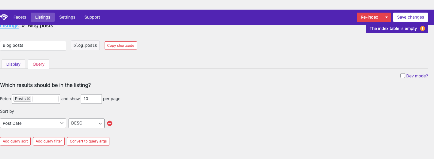 FacetWP Listing Builder 的查询选项卡包含“获取文章”和“每页显示 10 篇”、“按文章日期降序排序”以及“添加查询排序”、“添加查询筛选”和“转换为查询参数”按钮。