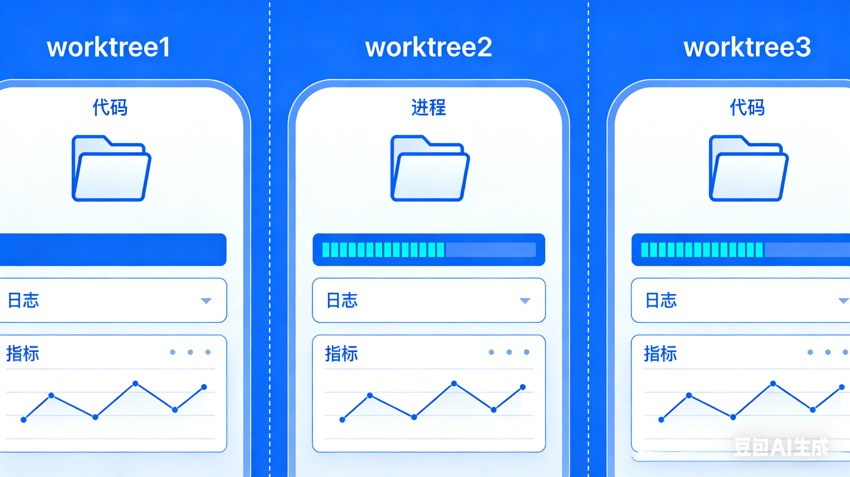 [图4：隔离运行时环境示意图 - 展示多个独立worktree，每个都有自己的代码、进程、日志和指标]