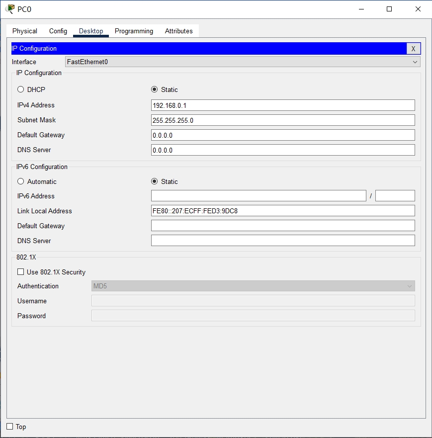 对PC0进行IP地址的分配