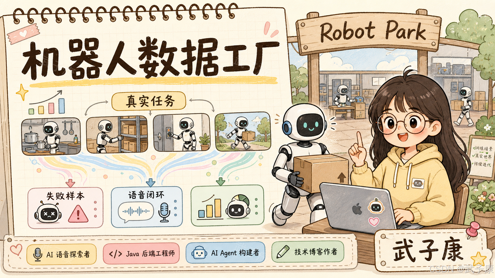 手绘风格信息图:标题《机器人数据工厂》;黄色标签"真实任务"指向四个小场景插图(厨房做饭、仓库分拣、开门、室外送件);底部数据流向三个分类槽位「失败样本」「语音闭环」「指标监测」;中间一位戴眼镜的年轻女性坐在笔记本前,旁边一个白色机器人抱着纸箱,工作坊标牌写着"Robot Park";右下角署名"AI 语音探索者 / Java 后端工程师 / AI Agent 构建者 / 技术博客作者 · 武子康"