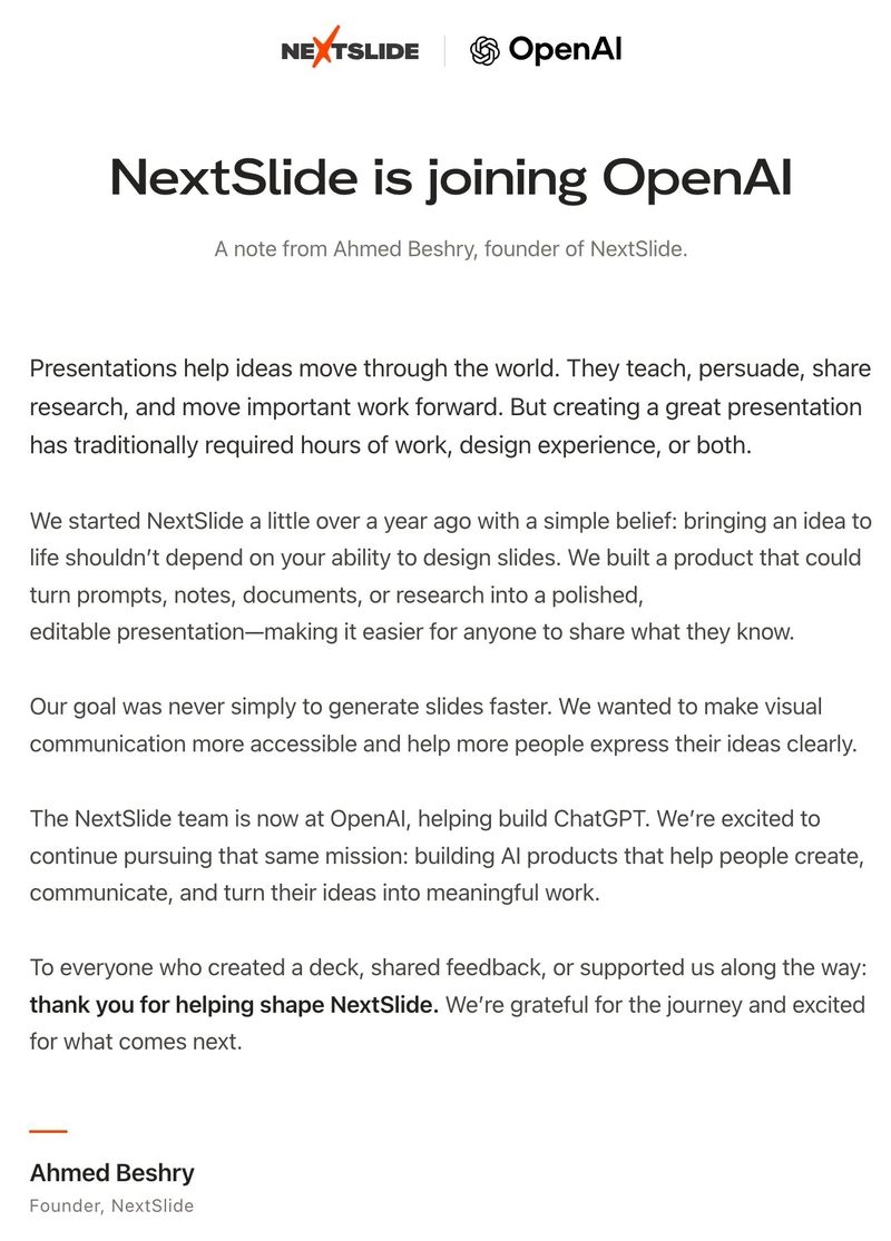 OpenAI收购AI演示创业公司NextSlide