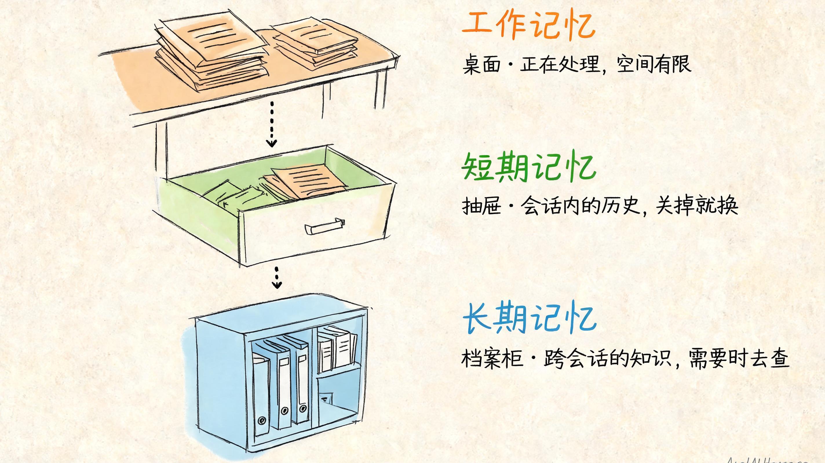 办公桌三层全景:桌面(工作记忆)、抽屉(短期记忆)、档案柜(长期记忆)