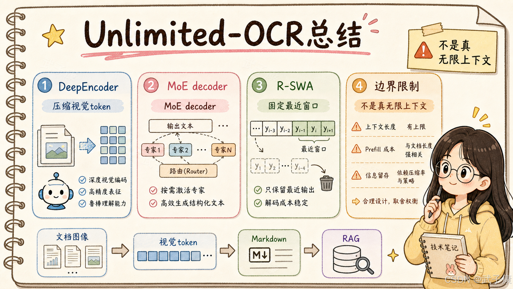 Unlimited-OCR 总结：1) DeepEncoder 高压缩视觉 token；2) MoE decoder 按需激活专家；3) R-SWA 固定最近窗口让解码成本稳定；4) 边界限制——不是真无限上下文，受 context length / prefill 成本 / 压缩策略三重约束；底部流程：文档图像 → 视觉 token → Markdown → RAG