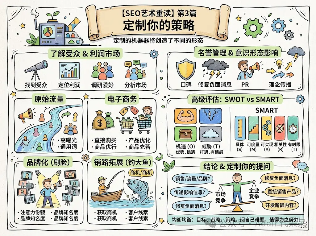 [SEO艺术重读] 第3篇 定制你的策略：了解网站的受众&利润市场，针对原始流量、电子商务、品牌化、销路拓展、名誉和意识形态的SEO策略是什么，高级评估 SWOT VS SMART